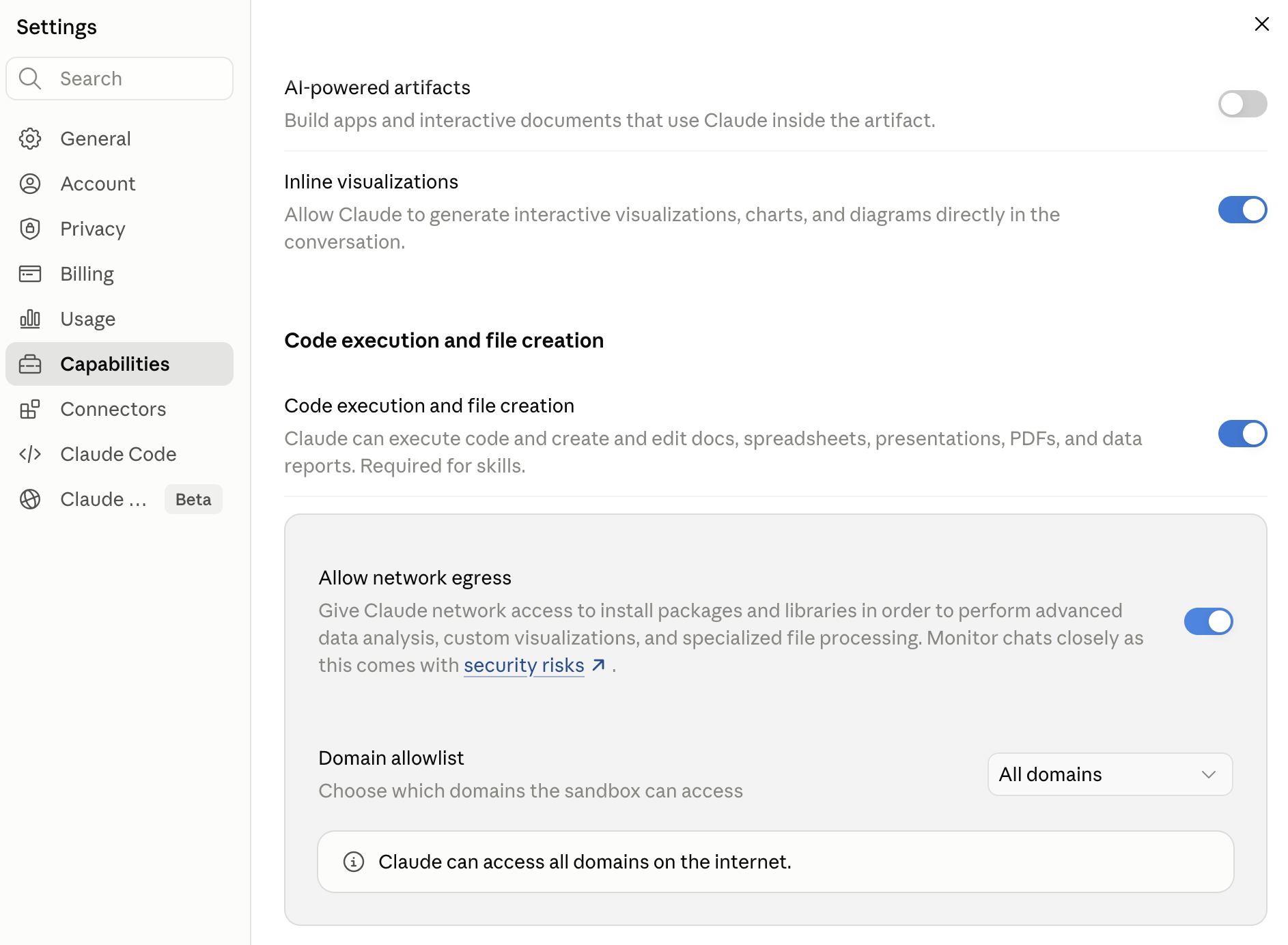 claude.ai Settings, Capabilities pane — the 'Allow network egress' toggle turned on, with the domain allowlist set