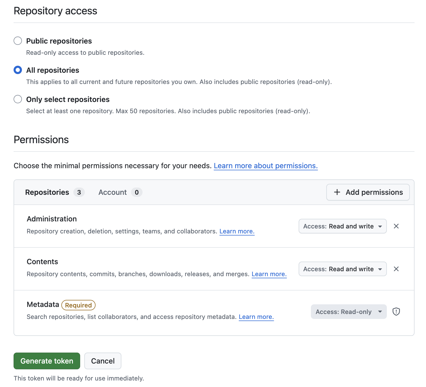 GitHub fine-grained personal access token page showing repository permissions being configured